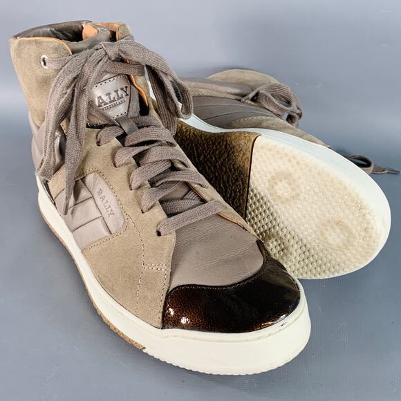 BALLY Size 8.5 Brown Taupe Color Block Leather High Top Sneakers - Picture 5 of 8